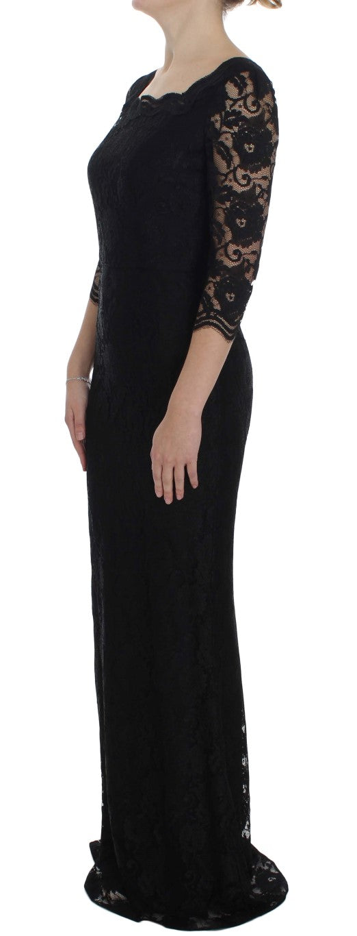 Robe longue boule noire en dentelle florale