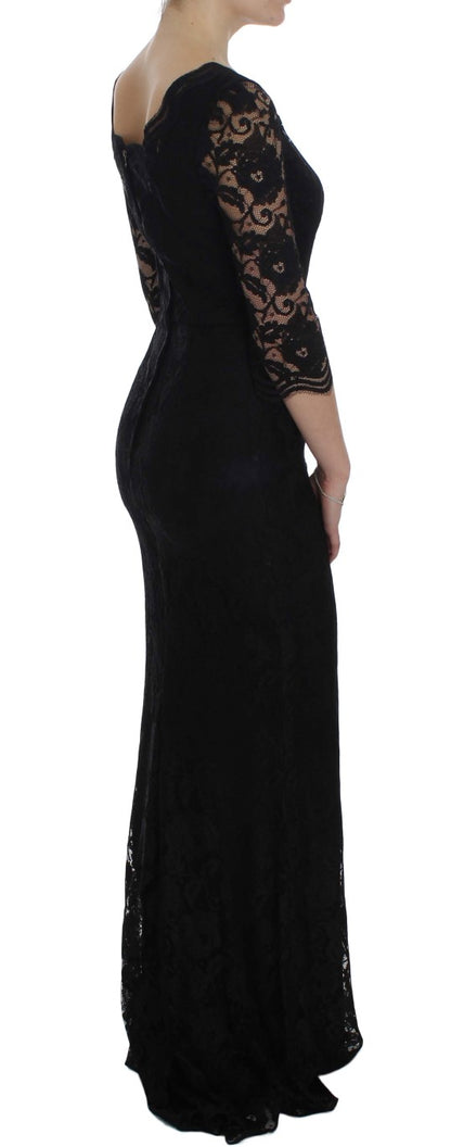 Robe longue boule noire en dentelle florale