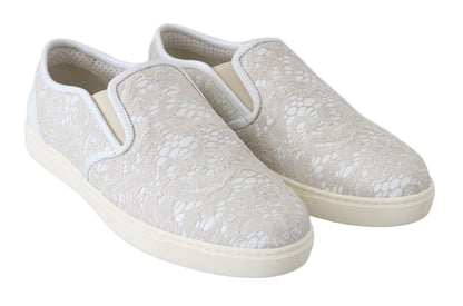 Mocassini slip-on in pelle bianca con pizzo