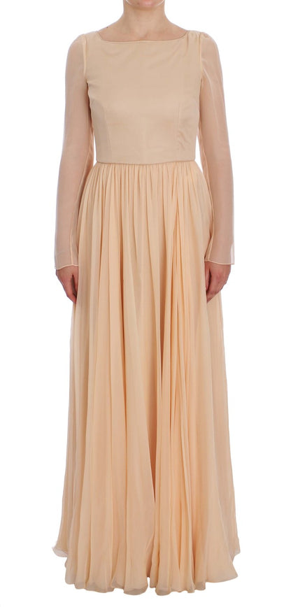 Robe de bal en soie beige pleine longueur