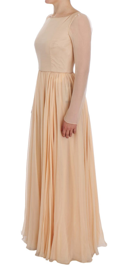 Robe de bal en soie beige pleine longueur