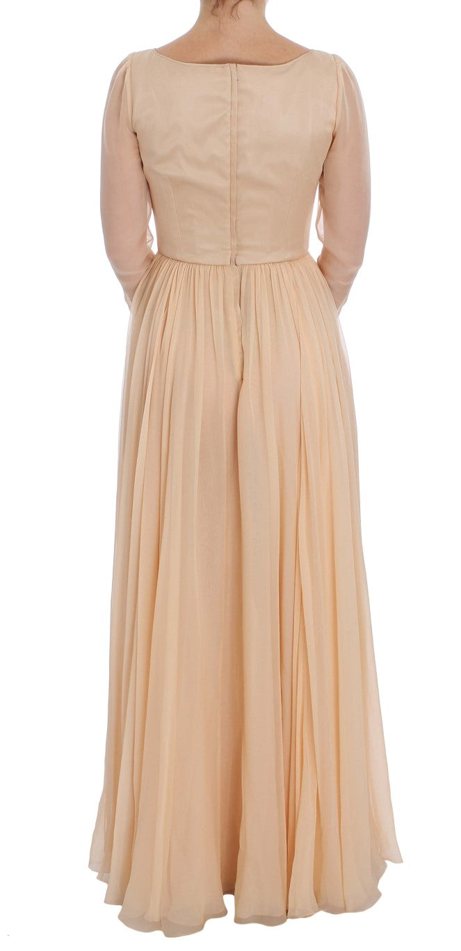 Robe de bal en soie beige pleine longueur