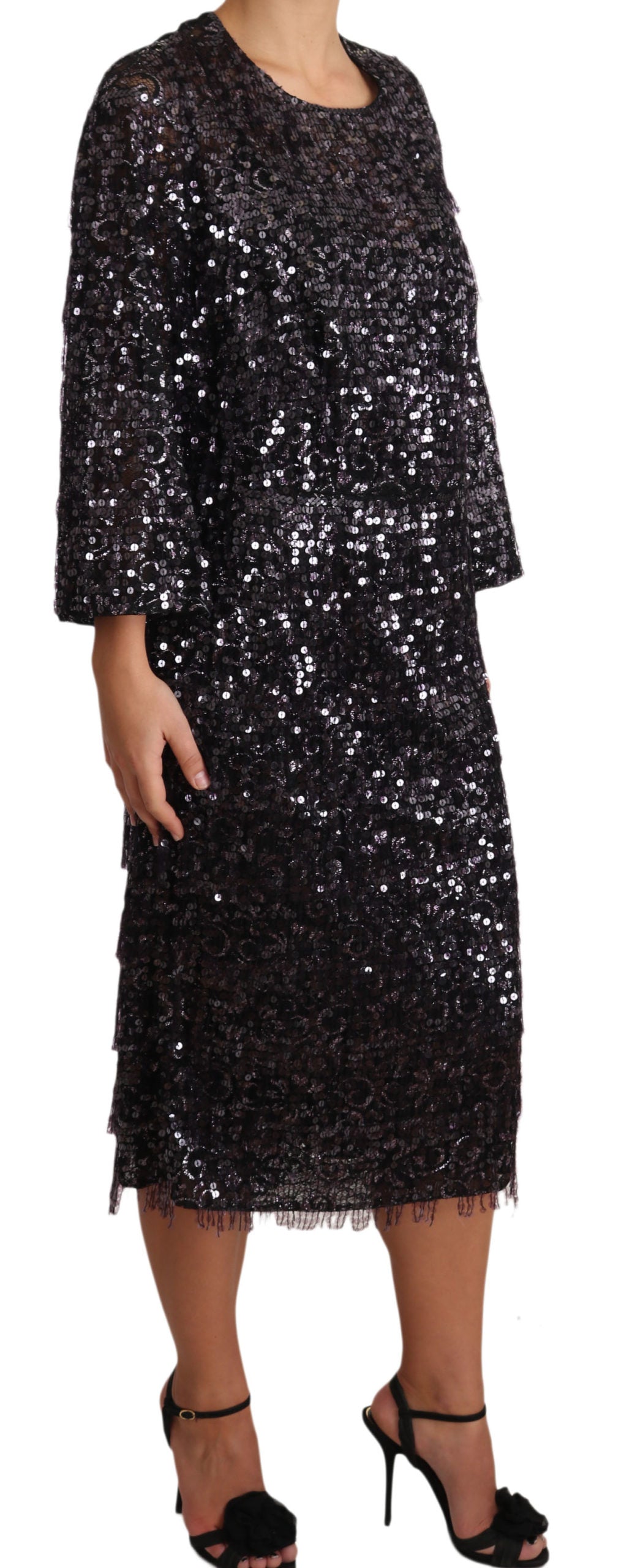 Robe mi-longue droite noire à paillettes et manches longues