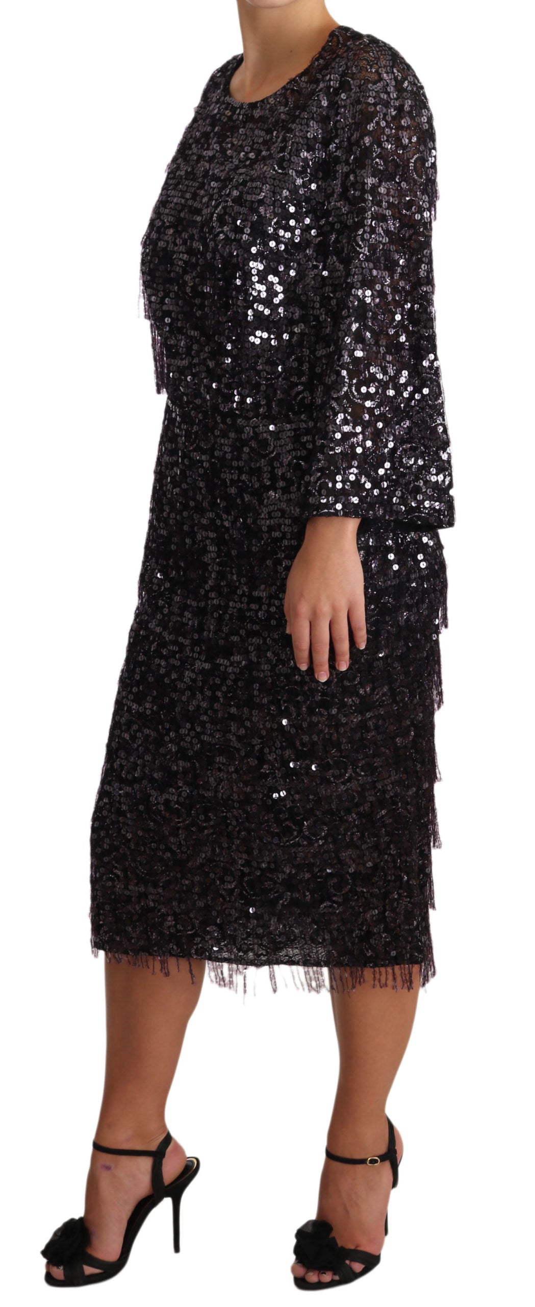 Robe mi-longue droite noire à paillettes et manches longues