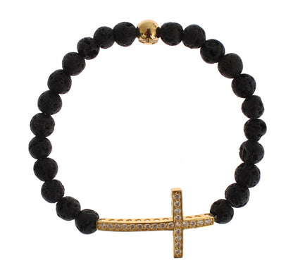 Lavastein-Gold-Kreuz-Armband aus 925er-Silber mit klarem CZ