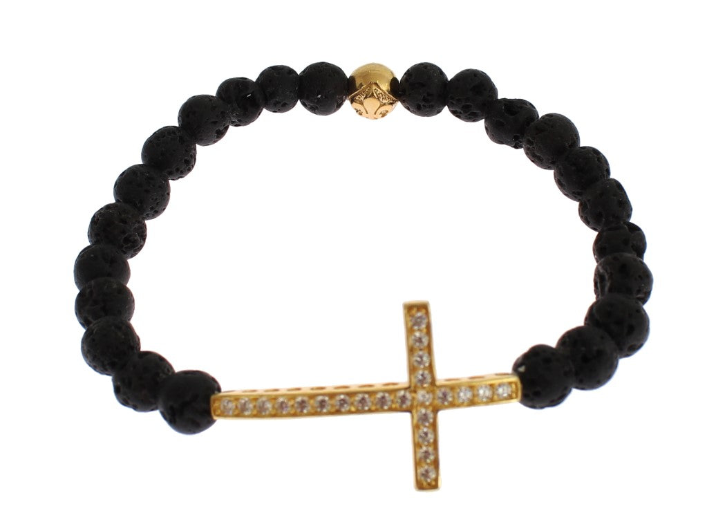 Lavastein-Gold-Kreuz-Armband aus 925er-Silber mit klarem CZ