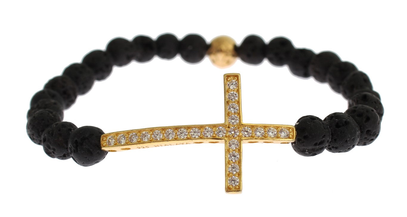 Bracelet en argent 925 avec pierre de lave et croix CZ transparente