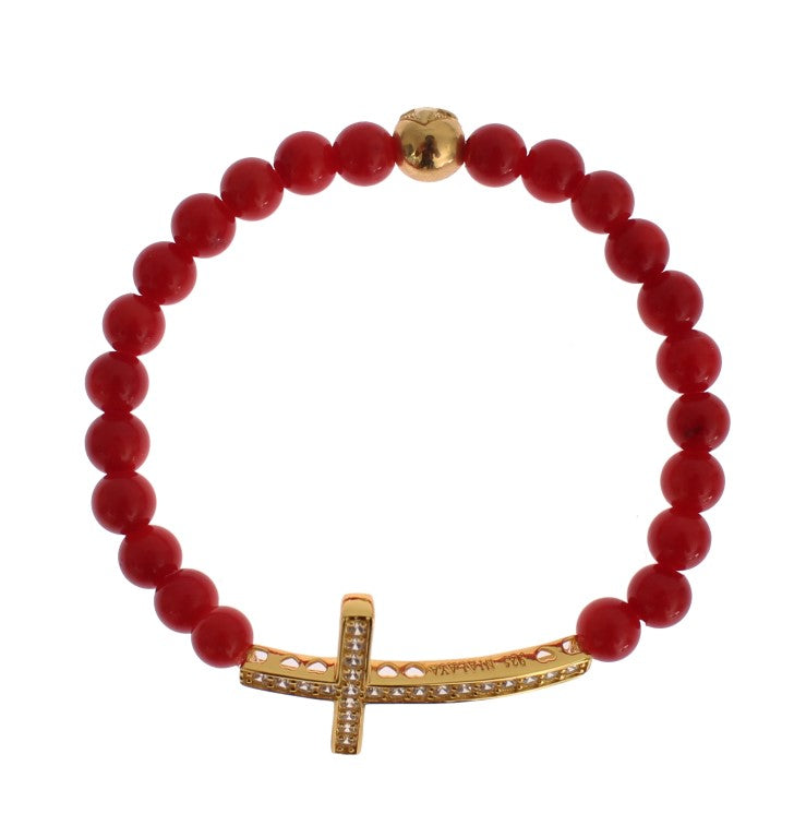 Bracelet en argent 925 avec croix en or et corail rouge