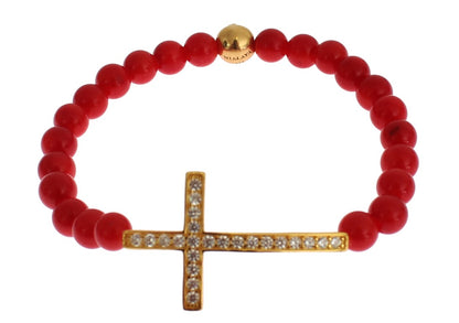 Rotes Korallen-Gold-CZ-Kreuz-Armband aus 925er Silber