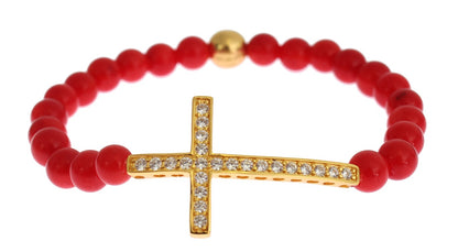 Bracciale in argento 925 con croce di corallo rosso oro CZ