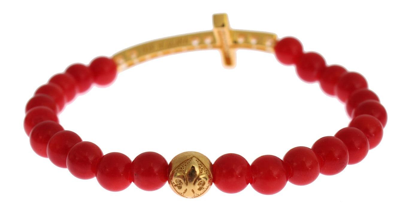 Bracelet en argent 925 avec croix en or et corail rouge