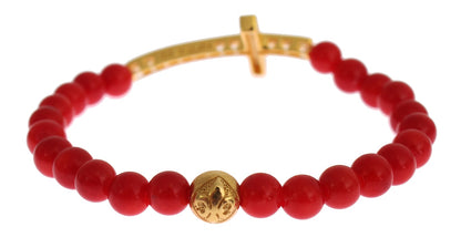 Bracciale in argento 925 con croce di corallo rosso oro CZ