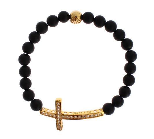 Bracelet en argent 925 avec pierre d'onyx mat et croix CZ en or