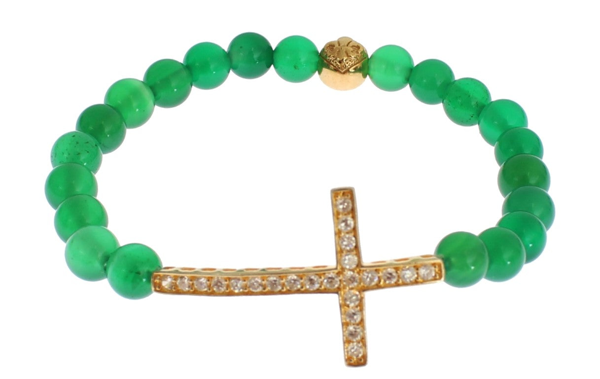 Jade Stein Gold CZ Kreuz 925 Silber Armband