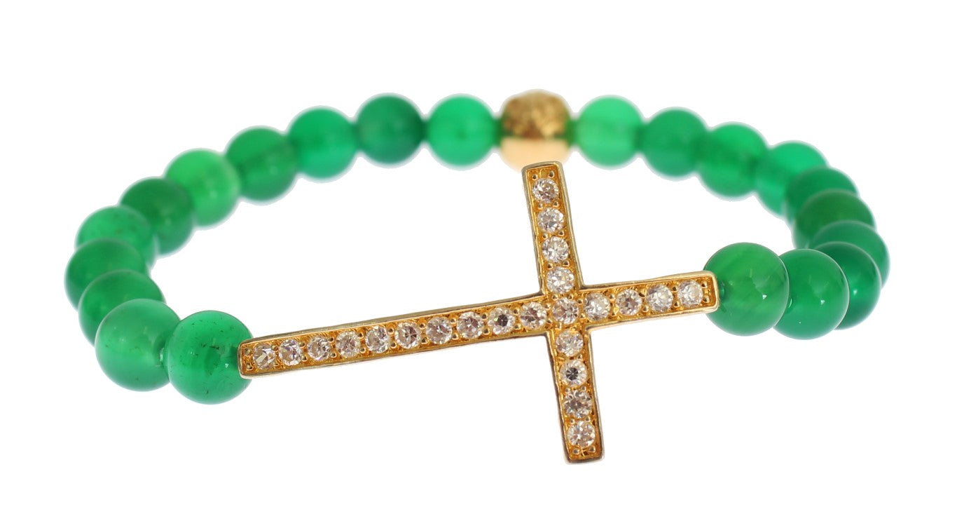 Bracelet en argent 925 avec pierre de jade et croix CZ en or