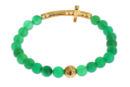 Jade Stein Gold CZ Kreuz 925 Silber Armband