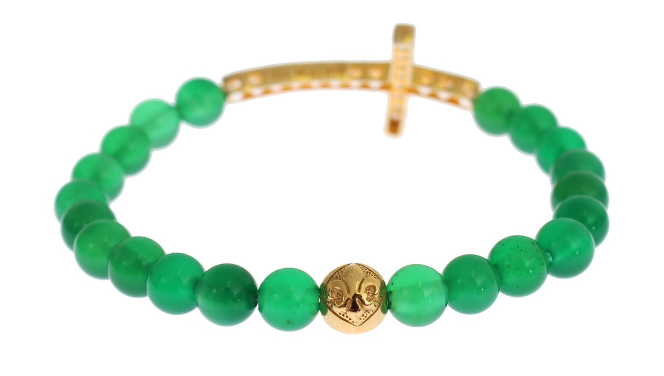 Jade Stein Gold CZ Kreuz 925 Silber Armband