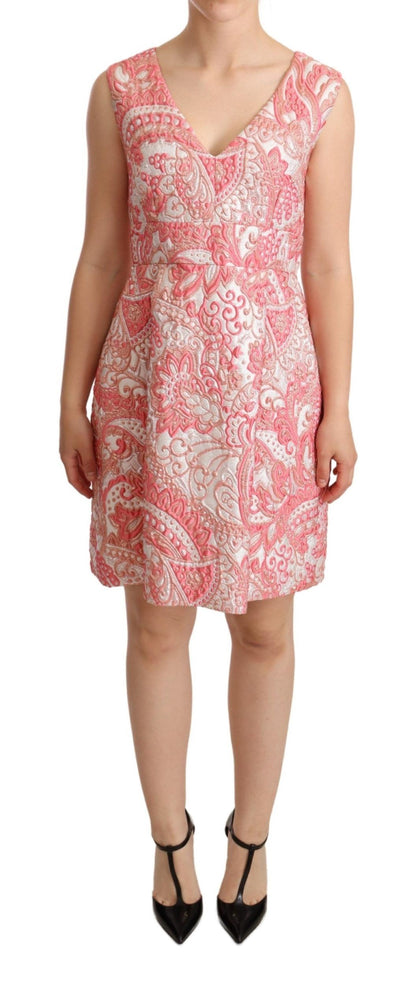 Pink Floral Jacquard Pleated Sheath Dress