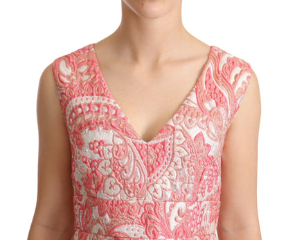 Robe fourreau plissée en jacquard fleuri rose